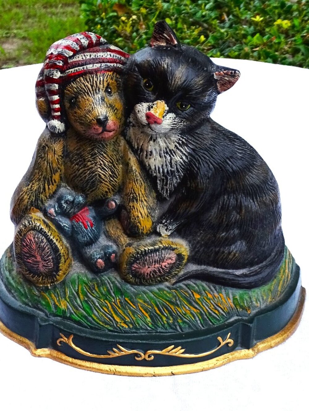 Vintage Cast Iron Cat with Teddy Bear Door-stop
